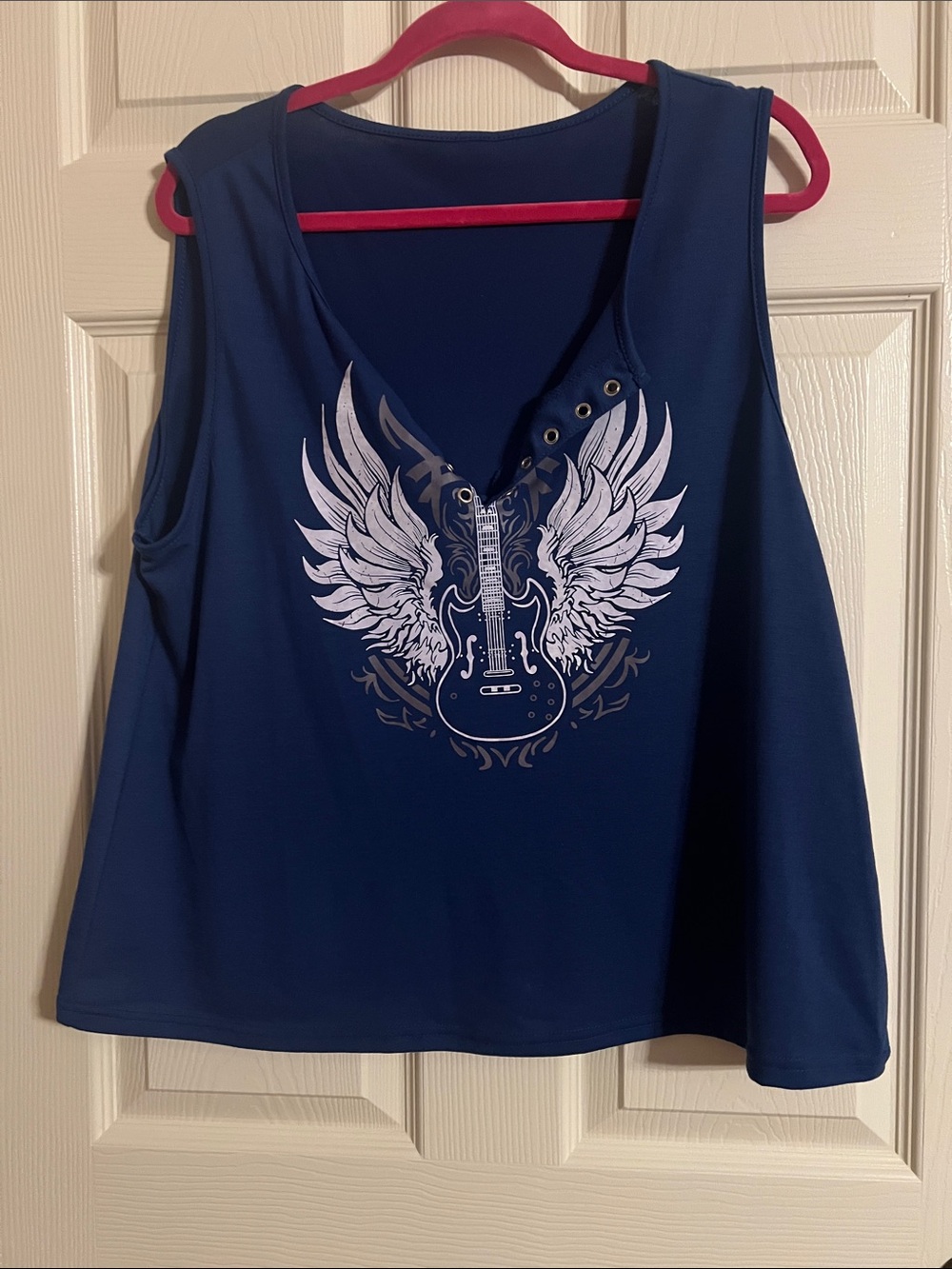 SHEIN Navy Sleeveless Tank with White Guitar Wing Graphic